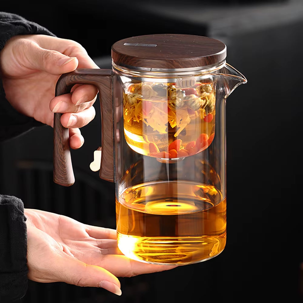 Magnetic Switch Glass Teapot with Wood Handle - Effortless Tea Separation & Filtration