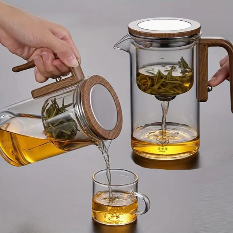 Magnetic Switch Glass Teapot with Wood Handle - Effortless Tea Separation & Filtration