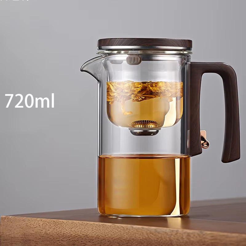 Magnetic Switch Glass Teapot with Wood Handle - Effortless Tea Separation & Filtration