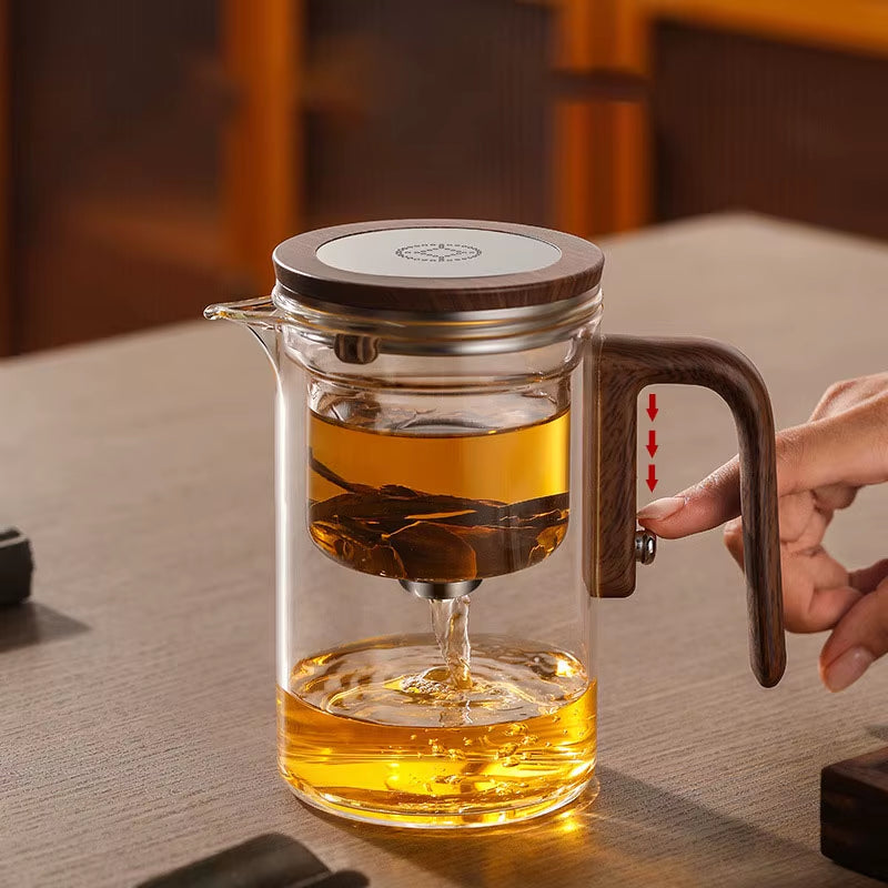 Magnetic Switch Glass Teapot with Wood Handle - Effortless Tea Separation & Filtration