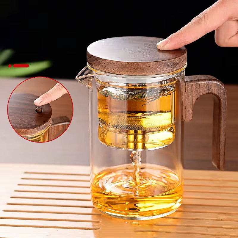 Magnetic Switch Glass Teapot with Wood Handle - Effortless Tea Separation & Filtration