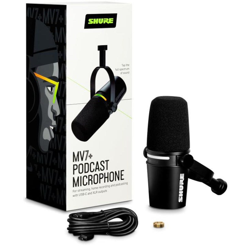 Shure MV7+ Dynamic Podcast Microphone - Enhanced Audio, LED Touch Controls, USB-C & XLR Outputs, Auto Level Mode, Digital Pop Filter, Perfect for Streaming & Recording - Black