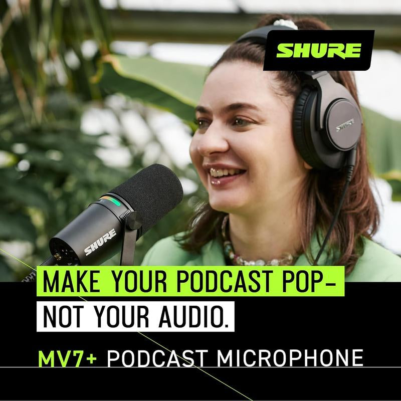 Shure MV7+ Dynamic Podcast Microphone - Enhanced Audio, LED Touch Controls, USB-C & XLR Outputs, Auto Level Mode, Digital Pop Filter, Perfect for Streaming & Recording - Black