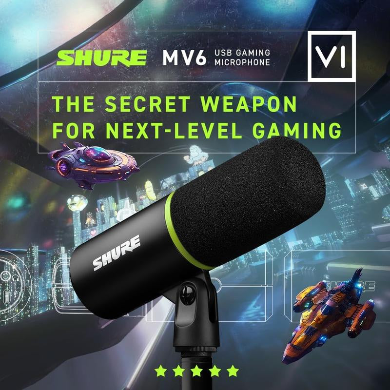 Shure MV6 Gaming Microphone, Dynamic USB PC Mic - Desktop Stand, Background Noise Cancellation
