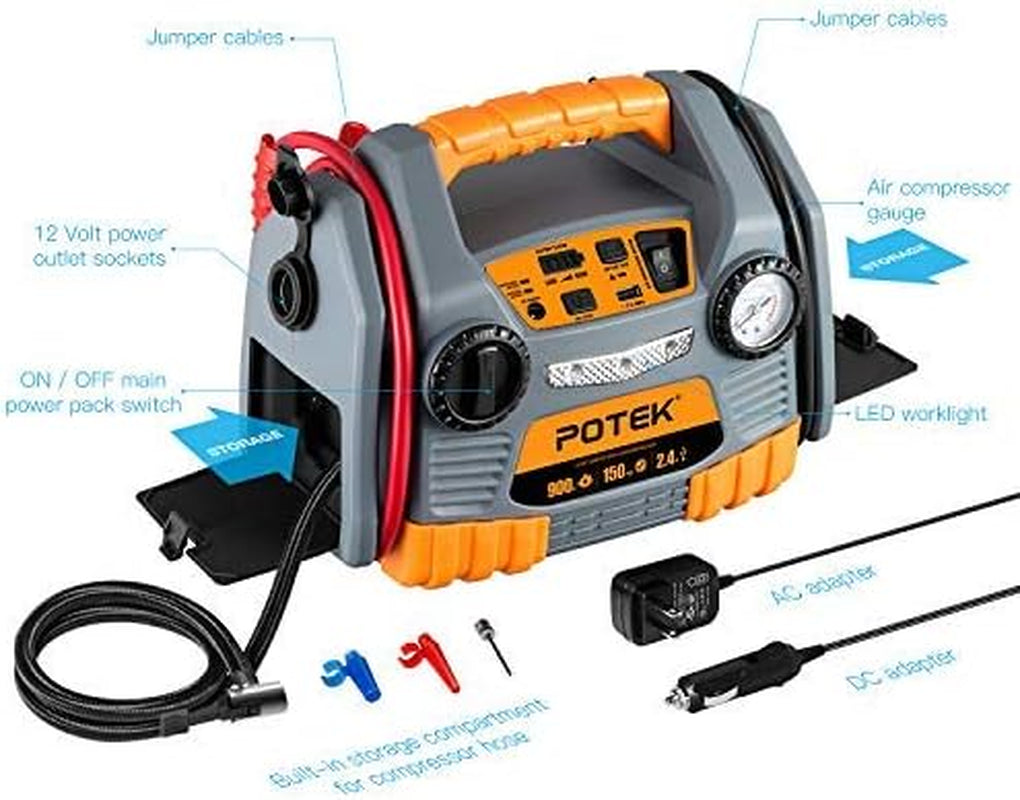 Jump Starter with 150 PSI Tire Inflator/Air Compressor,900 Peak Amps Power Station 
