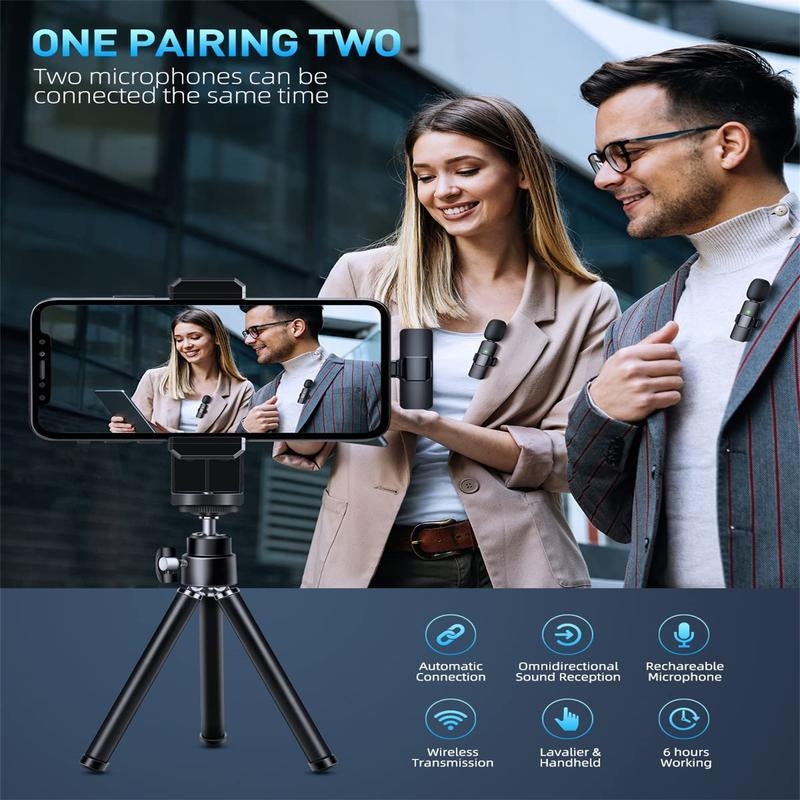 2 Pcs Wireless Microphones for Iphone, Android, Ipad - Mini Wireless Clip-On Microphones Crystal Clear Sound Quality for Recording, Live Streaming,Vlog Microfono Minimic Usb C Interface Smartphone