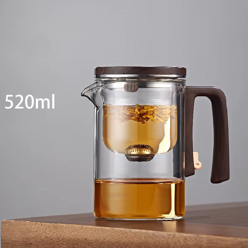 Magnetic Switch Glass Teapot with Wood Handle - Effortless Tea Separation & Filtration