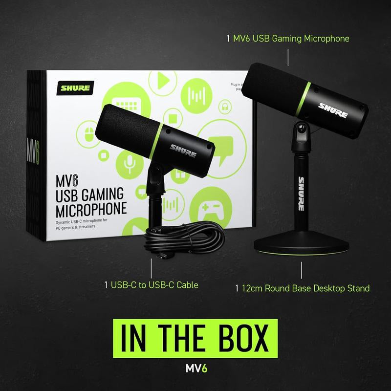 Shure MV6 Gaming Microphone, Dynamic USB PC Mic - Desktop Stand, Background Noise Cancellation