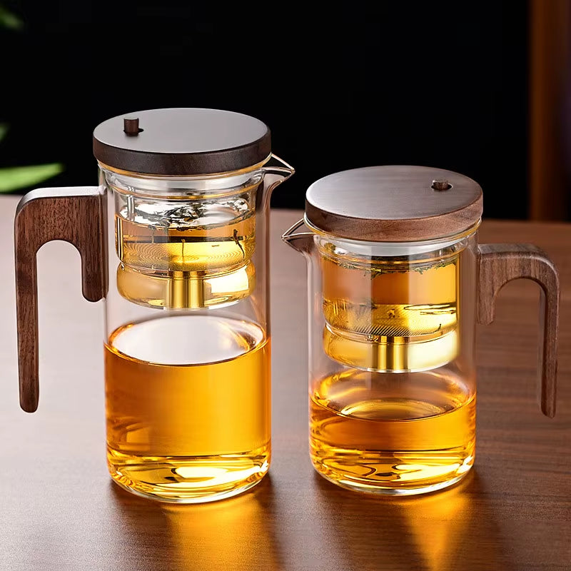 Magnetic Switch Glass Teapot with Wood Handle - Effortless Tea Separation & Filtration