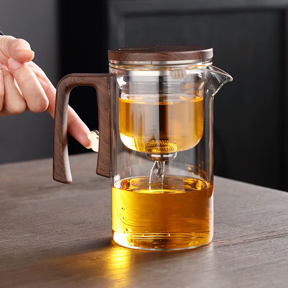 Magnetic Switch Glass Teapot with Wood Handle - Effortless Tea Separation & Filtration